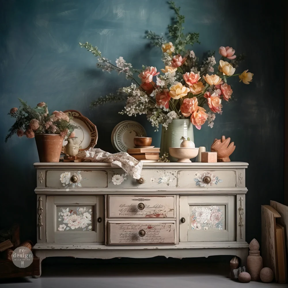comoda decorat cu Transfer Redesign natural wonders flori romantice roz si un text cu aspect vintage