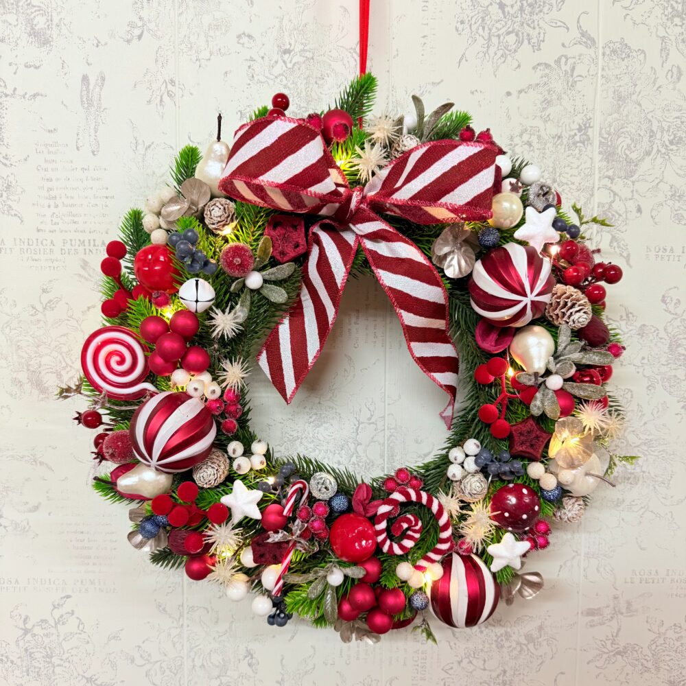 coroniță Crăciun roșu jucăuș, alb roșu aur șampanie