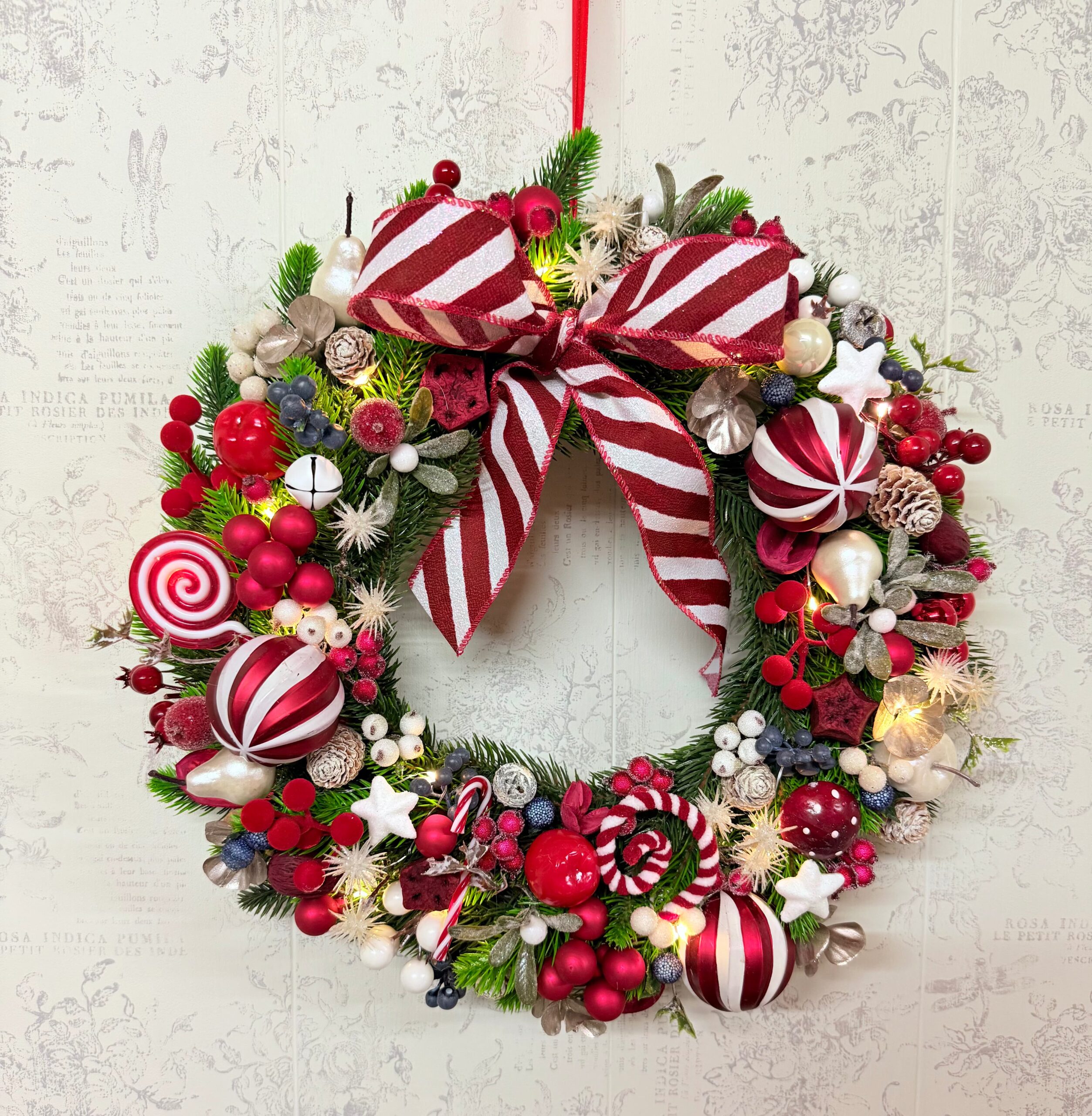 coroniță Crăciun roșu jucăuș, alb roșu aur șampanie