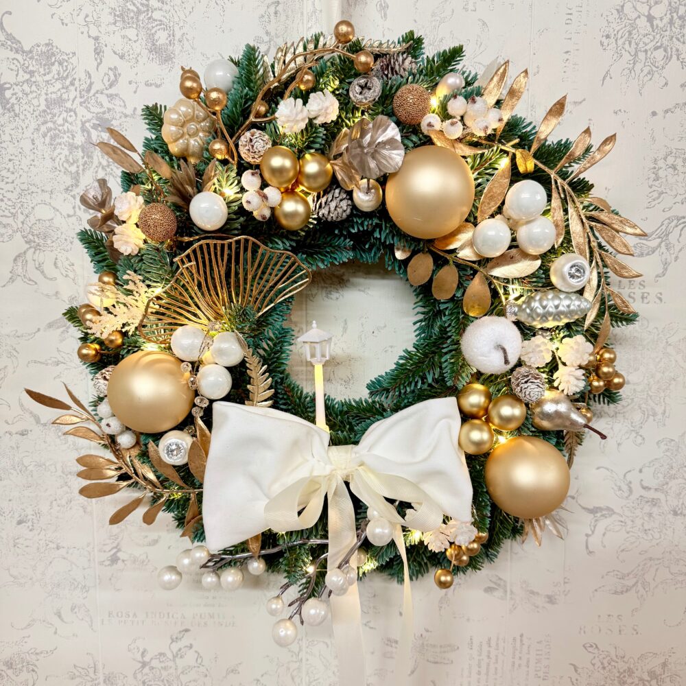 coroniță Crăciun cu led in nuanțe de auriu cu alb